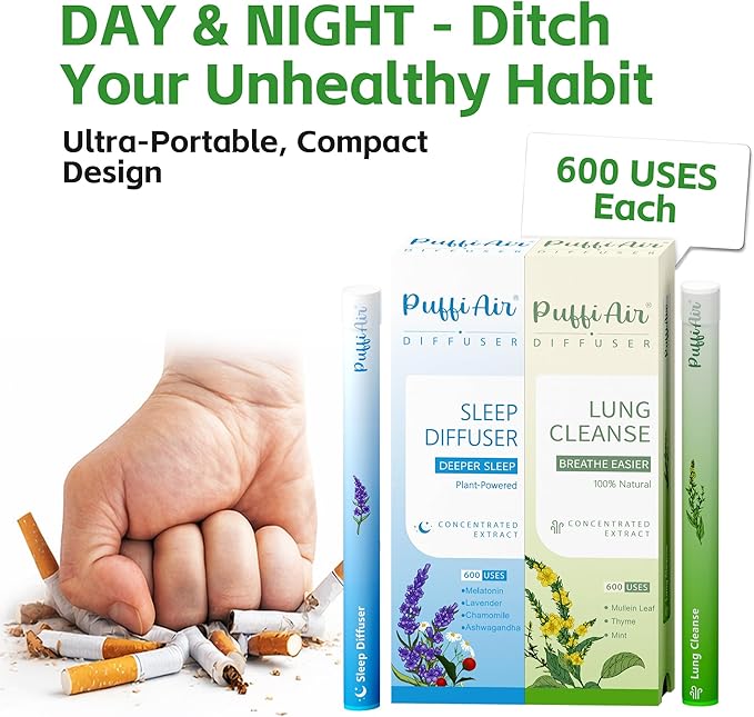 Herbal Diffuser Duo, Lung Cleanse and Sleep Diffuser with Extracts of Mullein and Melatonin, 100% Natural Swap, Day & Night Duo, 4 Sticks, 600 Uses Each=