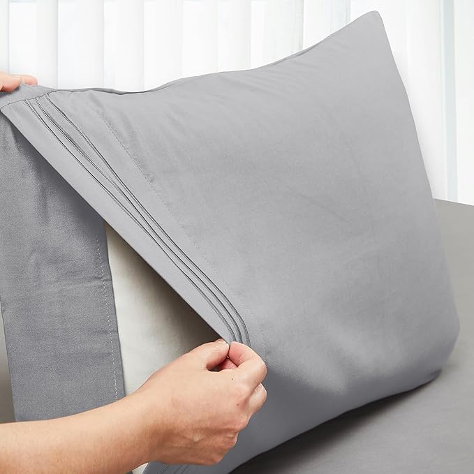 Mocassi 2-Piece Premium King Pillowcase Set 1800 Series Hotel Quality Microfiber - Soft and Breathable with 3-Line Embroidery Wrinkle and Stain Resistant, Easy Care, 20" x 40", Light Gray