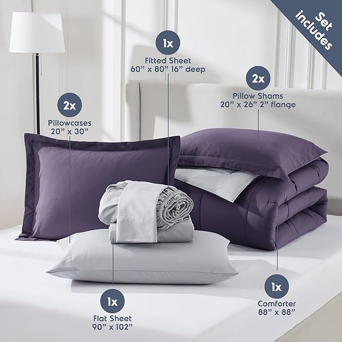 Nestl 9 Piece Queen Comforter Set – Purple Reversible Bed in a Bag – Complete Queen Size Bedding Set with Sheets, Set of 2 Down Alternative Pillows, Pillowcases and Shams