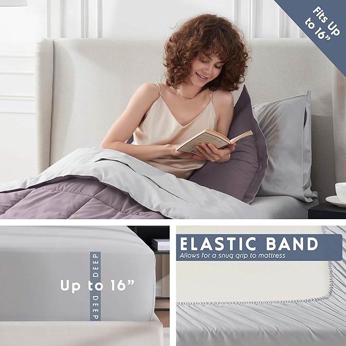Nestl 7 Piece Twin XL Comforter Set – Dusty Purple Reversible Bed in a Bag – Complete Twin XL Size Bedding Set with Sheets, Set of 2 Cooling Pillows, Pillowcase and Sham