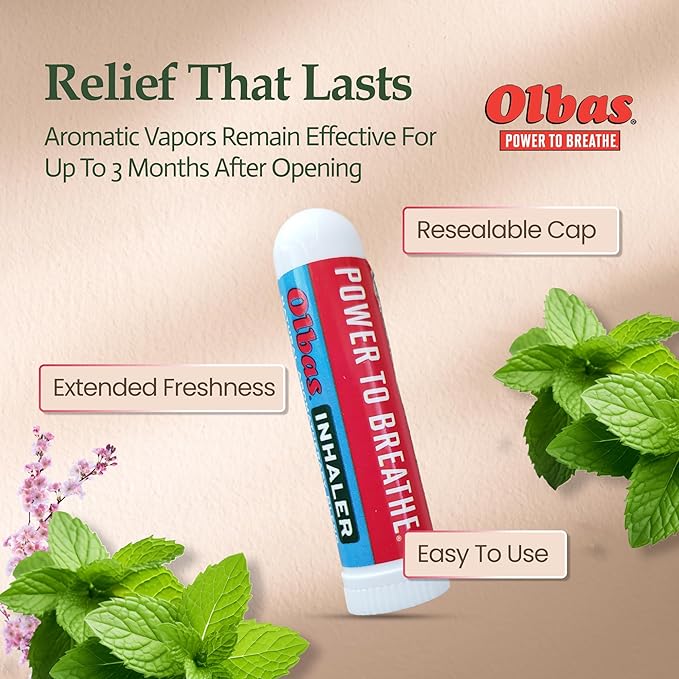 Olbas Inhaler Aromatherapy, Essential Oil Inhaler with Natural Oils, 0.01 Oz, 1 Pack, Pocket Sized Nasal Inhaler Stick for Clear Breathing and Sinus Relief