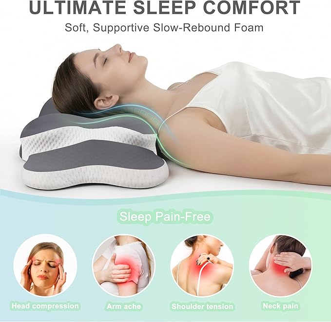 Esup Ergonomic Cervical Neck Pillow for Pain Relief, Memory Foam Orthopedic Bed Pillow, Adjustable Height Contour Pillow for Sleeping, Ideal for Side, Back, and Stomach Sleepers (Gray)