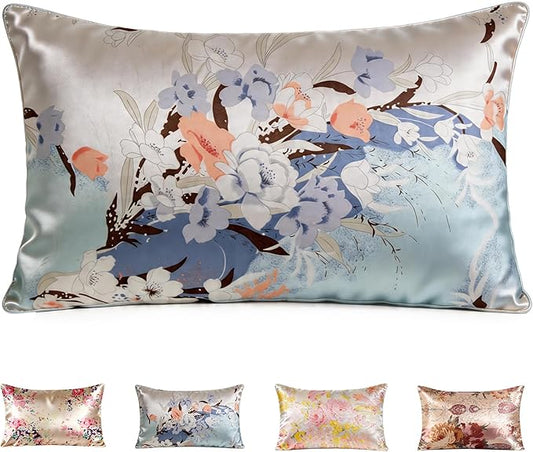 100% Mulberry Silk Pillowcase for Hair and Skin Care, Envelope Closure, Natural &Vintage Floral Printed Cooling & Slip Silk Pillow Case, Both Sides Soft Breathable, Queen Size, 1 Pack (Blue)