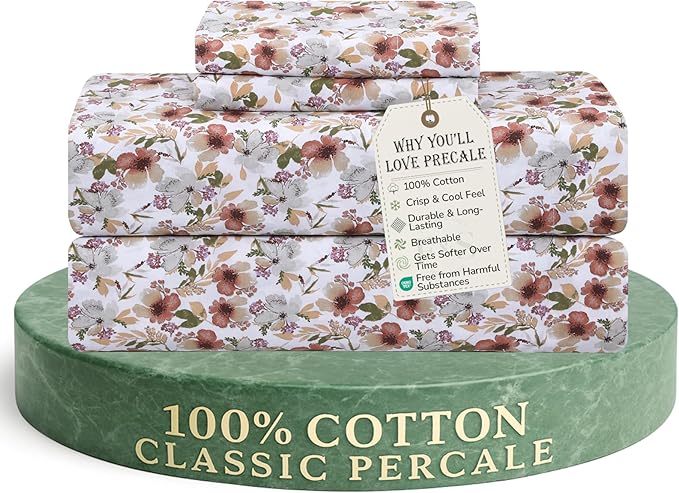 Feather & Stitch Softest 100% Cotton Sheets, 300 Thread Count Percale Weave Bedding, 16" Deep Pocket, Cooling Sheets, Breathable Bed Set, Hotel Premium Quality (King, Florence)