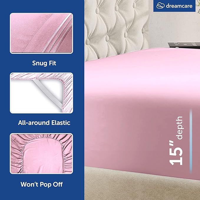 DREAMCARE King Size Sheets Set - Cooling Bed Sheets - 4pcs Set - up to 15" Deep Pocket King Sheet Set – Soft & Long Lasting Cooling - 100% Fine Brushed Polyester with Side Pocket, Pink