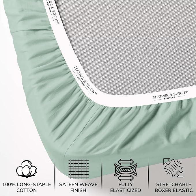 Feather & Stitch 500 TC Twin Size 3pc Damask Bed Sheet Set, 100% Soft Cotton Breathable Bedsheets, 18" Deep Pockets Sateen Weave Striped Bedding Mattress Resort Hotel Luxury Decor - (Soft Sage)