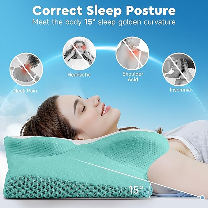 CushZone Cervical Neck Pillow, Memory Foam Neck Support Pillows for Sleeping, Shoulder Pillow for Side Sleepers, Back Stomach Sleepers, CertiPUR-US Certified, Queen Size, Green