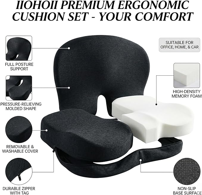 Orthopedic Memory Foam Car Seat Cushion for Sciatica & Back Pain Relief - Ergonomic Non-Slip Office Chair Cushion & Car Cushions for Long Driving with Lumbar Support, Universal Fit (Black)