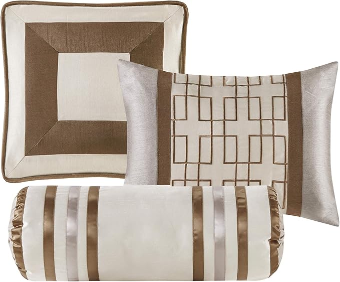 Madison Park Cozy Comforter Set-Deluxe Hotel Collection, All Season Down Alternative Luxury Bedding with Matching Shams, Decorative Pillows, California King (104"x92"), Genevieve, Taupe/Brown 7 Piece