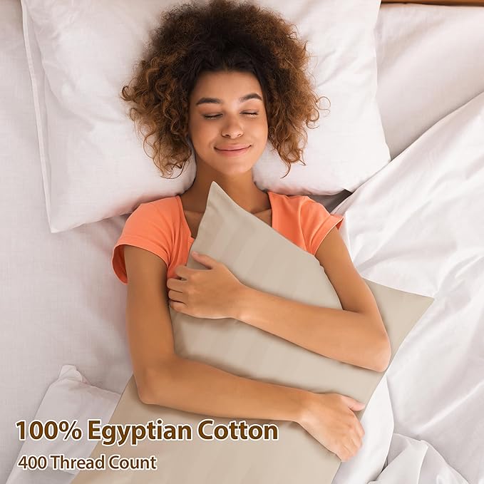 100% Egyptian Cotton Pillow Cases Set of 2,King Size 400 Thread Count Cooling Pillowcases,Soft and Breathable Pillow Covers with Envelope Closure,20x36 Inches,Striped Beige