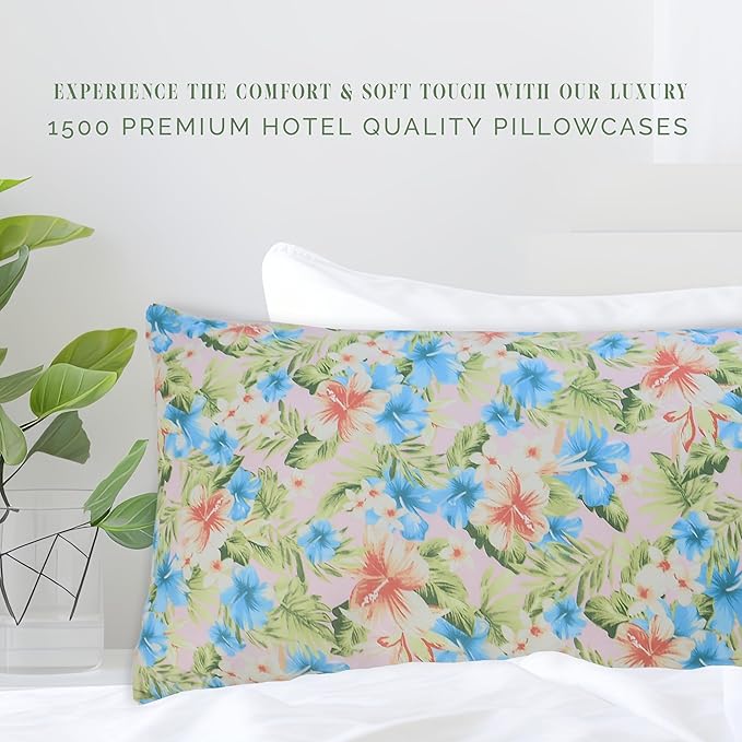 Elegant Comfort Ultra Soft Set of 2 Floral Print Pillowcases - 1500 Premium Hotel Quality Microfiber, Soft and Smooth Envelope Closure 2-Piece Pillow Covers - King, Magnolia