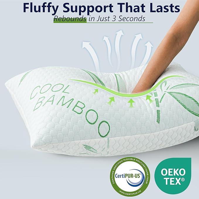 Shredded Memory Foam Pillow, Cooling Pillow Queen Size 1 Pack Adjustable Firm Bamboo Bed Pillow for Hot, Side, Back and Stomach Sleepers