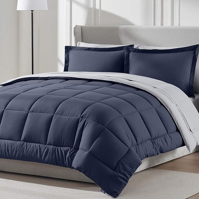Nestl 9 Piece Queen Comforter Set – Navy Reversible Bed in a Bag – Complete Queen Size Bedding Set with Sheets, Set of 2 Down Alternative Pillows, Pillowcases and Shams