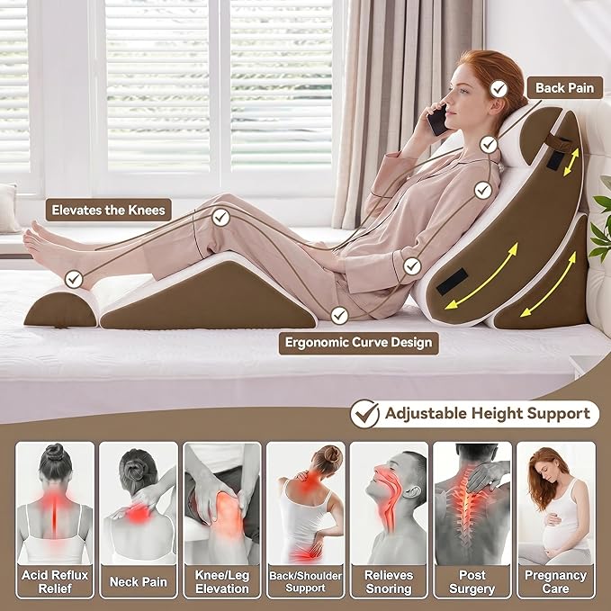 5PCS Wedge Pillow Set for After Surgery,Bed Orthopedic Pillow for Sleeping, Memory Foam Back Pillow for Pain Relief and Acid Reflux, Adjustable Sitting Up for Bed Post Surgery Pillow Brown