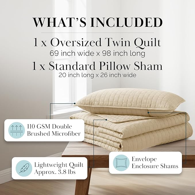 Southshore Fine Living, Inc. Twin XL Comforter Quilt Bedding Set, Dorm Room Essential Bedding, Stain Resistant, Machine Washable Bedspread, XL/Twin Beige Quilt Bed Spread w/Pillow Sham, Soft Sand