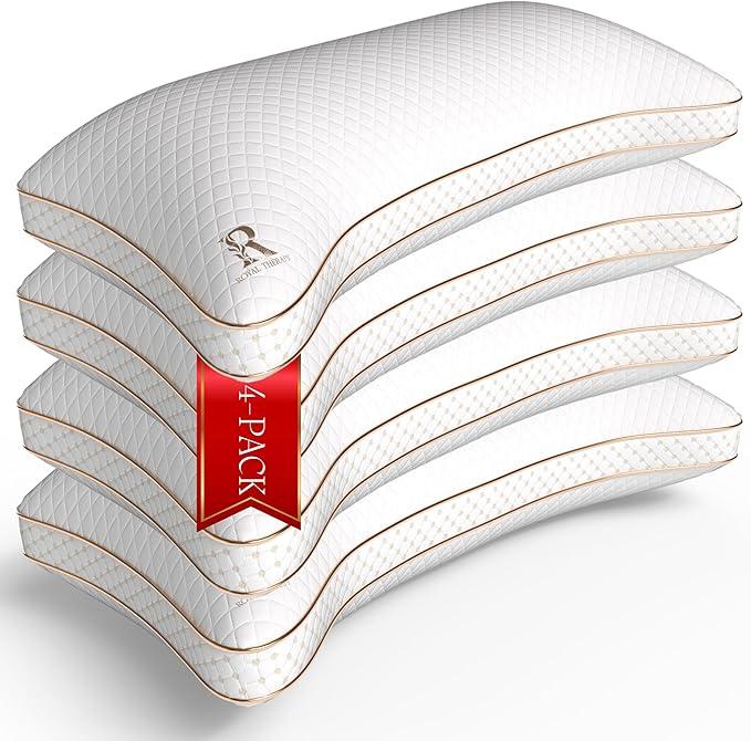 Royal Therapy King 4-Pack Memory Foam Pillow, Adjustable Shredded Odor-Free Cut-Out Bed Pillow for Neck & Shoulder Pain Relief, Breathable Support for Back, Stomach, Side Sleepers, BioForm