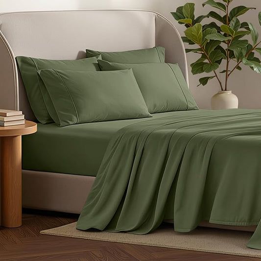Bare Home Hotel Luxury Queen Sheet Set, Extra Soft - 6 Piece Set - Deep Pockets - Easy Fit - Cooling & Breathable - Wrinkle, Fade, Stain Resistant - Includes 4 Pillowcases (Queen, Cypress)