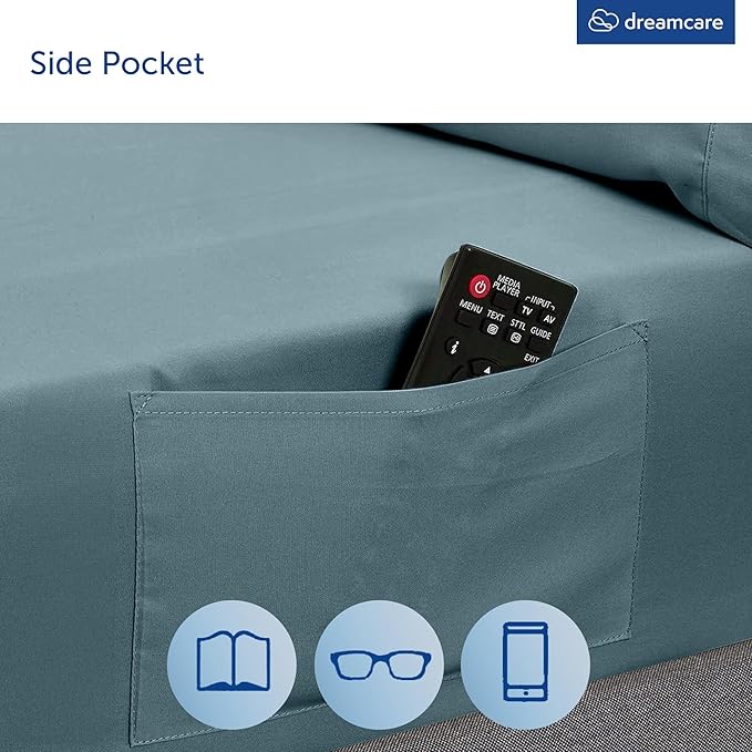 DREAMCARE Queen Sheet Set - 6 pcs Breathable Cooling Bed Sheets - up to 21" Extra Deep Pocket Queen Sheets Set with Side Pockets - Extra Soft 100% Brushed Hypoallergenic Hotel Luxury Bedding Mnrl Blue