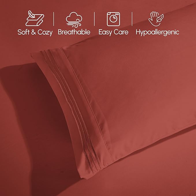 Elegant Comfort Luxurious 1500 Premium Hotel Quality Microfiber Three Line Embroidered Softest 4-Piece Bed Sheet Set, Wrinkle and Fade Resistant, King, Rust