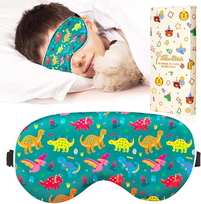 Miss Adola Sleep Mask for Kids - Cute Kawaii Cartoon Silk Sleeping Mask with Adjustable Strap Soft Smooth Light Eye Mask for Sleeping Silk Kids Eye Cover for Boys Girls Teens, Green Dinosaur