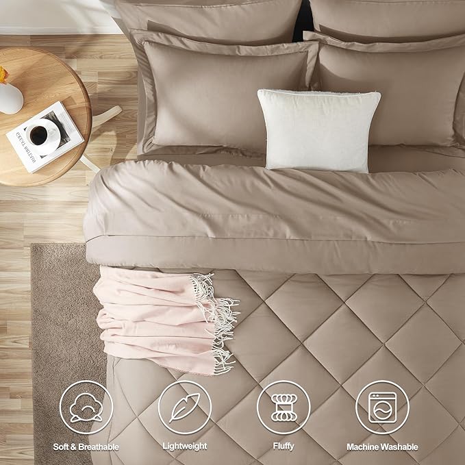 CozyLux Oversized King Comforter Set Khaki - 7 Pieces Bed in a Bag Comforter Set with Sheets, Luxury Soft Bed Set All Seasons, Bedding Set with Down Alternative Comforter, Sheets, Pillowcases & Shams