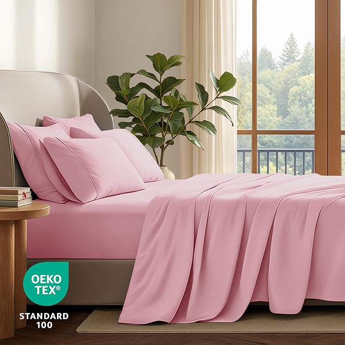 Bare Home Hotel Luxury Queen Sheet Set, Extra Soft - 6 Piece Set - Deep Pockets - Easy Fit - Cooling & Breathable - Wrinkle, Fade, Stain Resistant - Includes 4 Pillowcases (Queen, Light Pink)