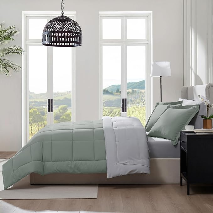 Nestl 9 Piece Full Comforter Set – Sage Green Reversible Bed in a Bag – Complete Full Size Bedding Set with Sheets, Set of 2 Down Alternative Pillows, Pillowcases and Shams