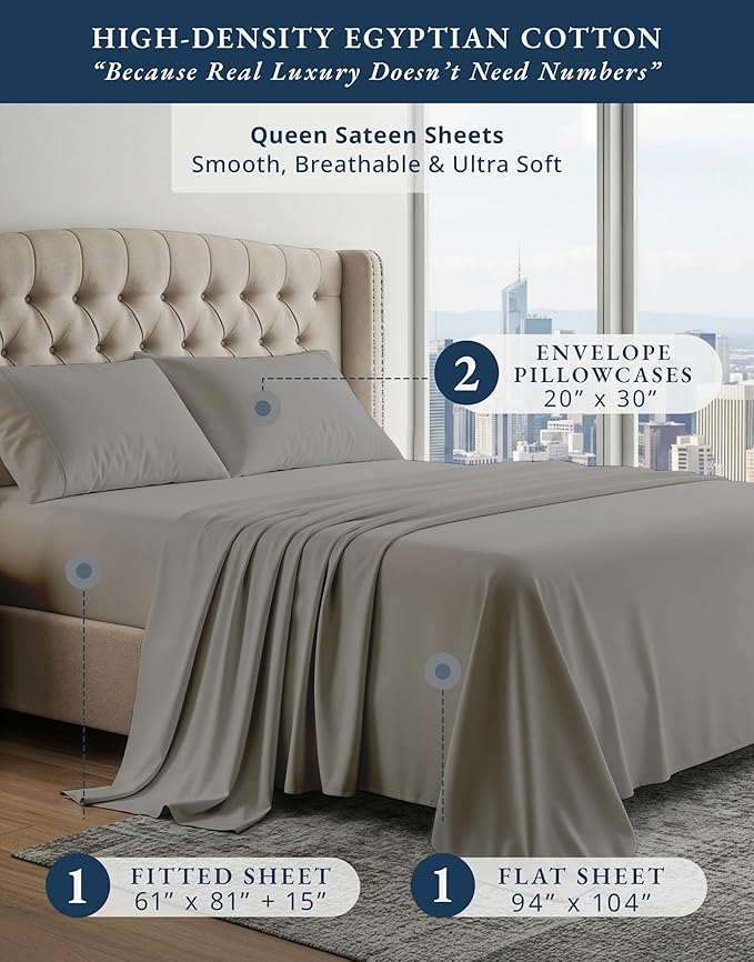LANE LINEN 100% Egyptian Cotton Sheets Queen Size Bed Set – Naturally Cooling & Breathable Sateen Queen Sheets Set, Long-Staple Cotton for Lasting Softness, Snug Fit 15" Deep Pocket Fitted - Charcoal