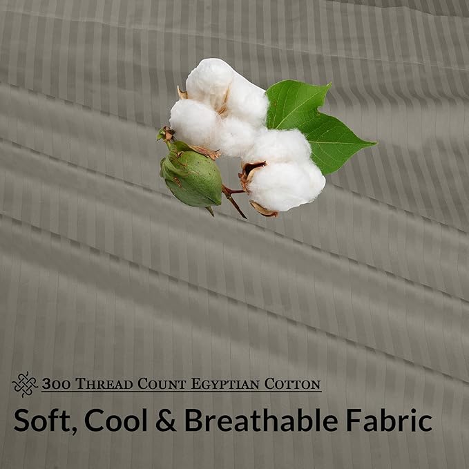 ROYALE LINENS 300 Thread Count 100% Long Staple Combed Cotton Striped Sheet Set - 3 Piece Twin Bed Sheets - 1 Fitted, 1 Flat & Pillow case -Soft Cool & Crisp Sheet Set (Twin, Stripe Silver)