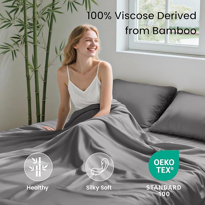 Love's cabin 4 Piece Queen Sheet Set, 100% Rayon Derived from Bamboo, Cooling & Breathable, Soft Silky Deep Pocket up to 16", Hotel Luxury Bedding for Hot Sleepers, Grey
