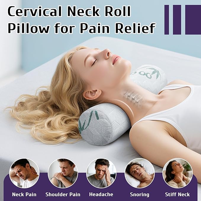 Round Cervical Roll Cylinder Bolster Pillow with Removable Washable Cover, Designed for Head, Neck, Back, and Legs, 2 Pack 5" x 17"