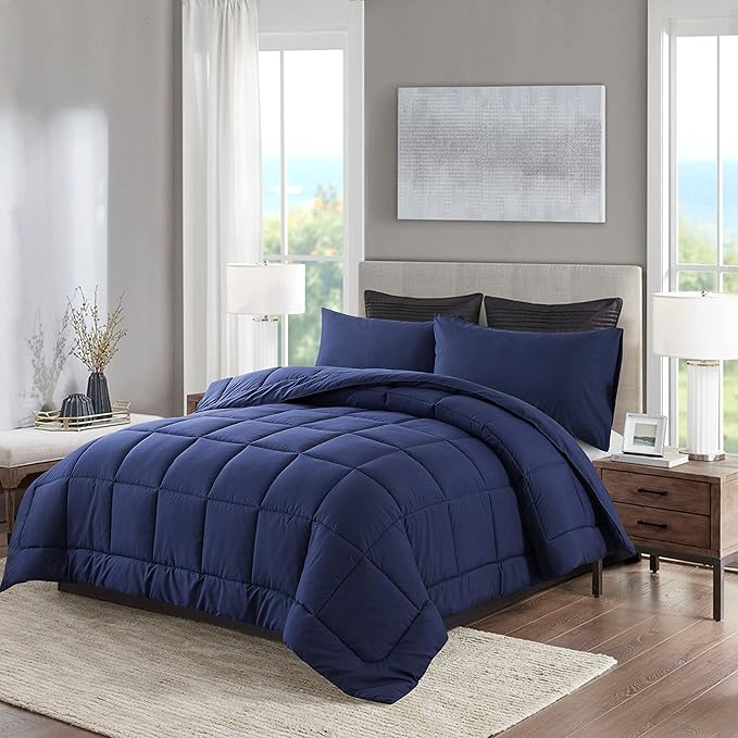 DOWNCOOL Queen Comforter Set -All Season Bedding Comforters Sets with 2 Pillow Cases -3 Pieces Bedding Sets Queen -Down Alternative Blue Comforter Set for Queen Size Bed(88"x92")