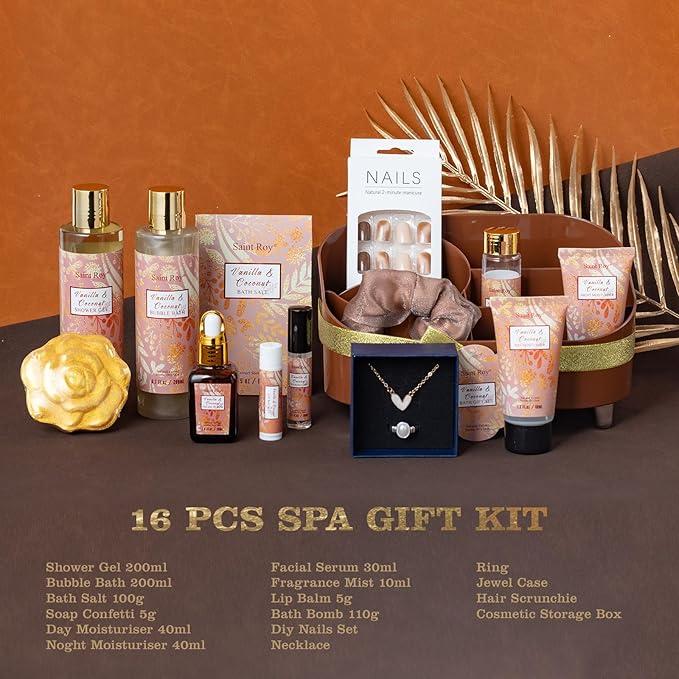 Mothers Day Gifts for Women, Skin care set Gifts, 16 Pcs Spa Gifts for Woman Coconut Vanilla Scents Skin Care Kit, Facial Kit with Face Day Cream, Night Cream, Skincare Set in Makeup Storage Box