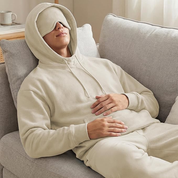 Ainangua Mens Oversized Pullover Essentials Hoodie with Eye Mask Built In Comfor Airplane Mode Travel Sleep Wearable Blanket