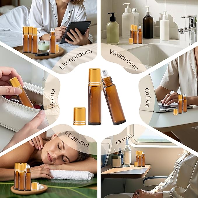 Essential Oil Roller Bottles, 10ml Thick Glass Perfume Roller Bottles with Funnel Opener and Dropper Colored Glass Empty Bottles with Stainless Steel Roller Balls (Brown - golden cover, 12 Pack)