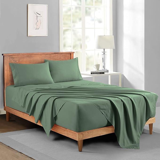 Manyshofu Microfiber Deep Pocket Twin Sheets Set - Hotel Luxury 1800 Thread Count Sheets & Pillowcases - Kids Bedding Set up to 16" Mattress - Sage Green Bed Sheets 10-16 Inch Deep Pockets - 3 Piece