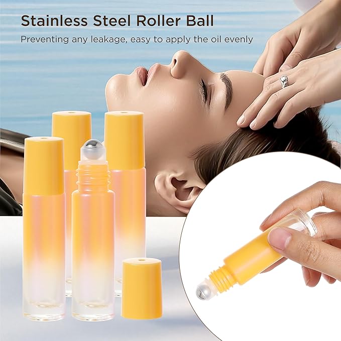SESENSE Essential Oil Roller Bottles, 10ml Thick Glass Perfume Roller Bottles with Funnel Opener and Dropper Colored Glass Empty Bottles with Stainless Steel Roller Balls (Orange, 12 Pack)