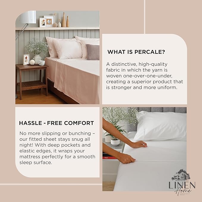 Linen Home 100% Cotton Percale Pillowcases Queen Size, Sand Shell, 2 Pieces of Pillow Case, Crisp and Cool Strong Bed Linen, 20 inches X 30 inches