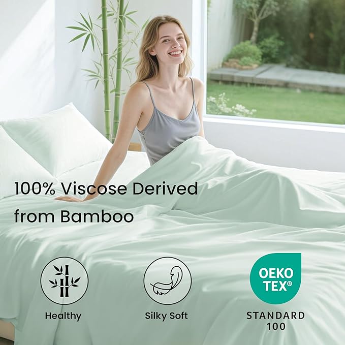 Love's cabin 4 Piece Full Size Sheet Set, 100% Rayon Derived from Bamboo, Cooling & Breathable, Soft Silky Deep Pocket up to 16", Hotel Luxury Bedding for Hot Sleepers, Sea Glass