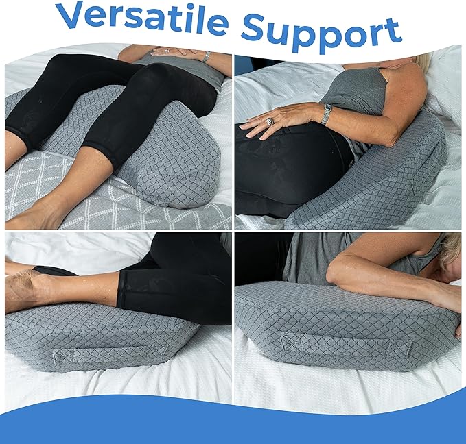 Zomaple Bedsore Pressure Relief Pillow, Grey – Offload Pressure to Prevent Bed Sores & Ease Turning – 30° Positioning, Cooling Gel Top, 2 Non-Skid Removable Covers – Knee Wedge Pillow Versatility