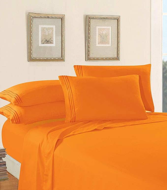 Elegant Comfort Luxury Soft 1500 Premier Hotel Quality 4-Piece Sheet Wrinkle and Fade Resistant Bedding Set, Deep Pocket up to 16inch, Twin/Twin XL, Elite Orange