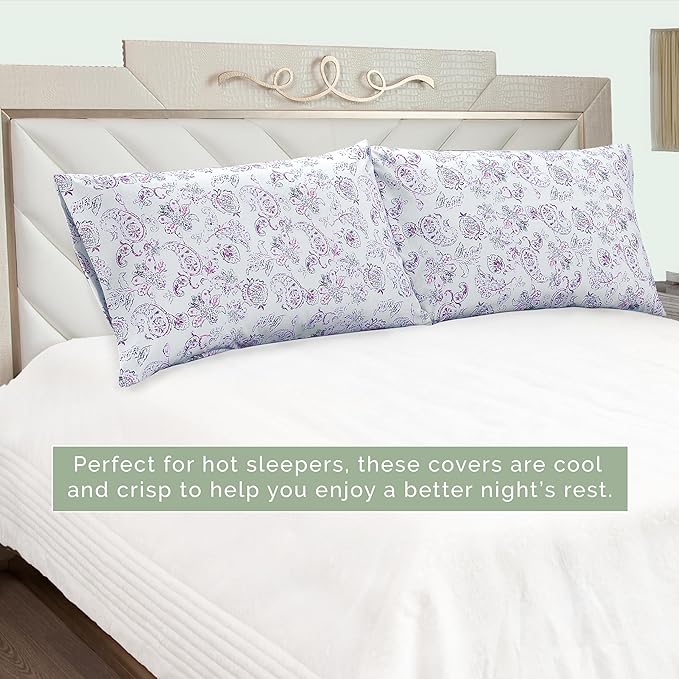 Elegant Comfort Ultra Soft Set of 2 Floral Print Pillowcases - 1500 Premium Hotel Quality Microfiber, Soft and Smooth Envelope Closure 2-Piece Pillow Covers - King, Paisley Purple