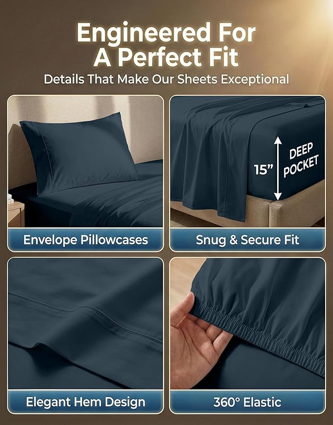 LANE LINEN Twin Sheet Set - 600 Thread Count Premium Sateen Weave for Silky Feel On Skin - Cooling Sheets for Deep Sleep - Securely Fits Mattresses Upto 15'' Deep - Oeko Tex Certified - Estate Blue