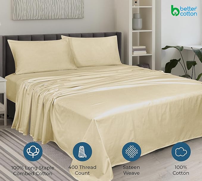ROYALE LINENS 400 Thread Count 100% American Grown Cotton 4 Piece Sateen Queen Sheet Set - 1 Fitted Sheet, 1 Flat Sheet, 2 Pillow case - Taupe Queen Bedsheet - Cotton Sheets - (Queen, Moroccan Sand)