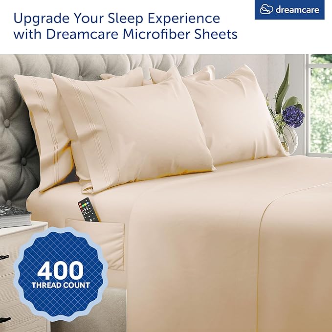 DREAMCARE Queen Sheet Set - 6 pcs Breathable Cooling Bed Sheets - up to 21" Extra Deep Pocket Queen Sheets Set with Side Pockets - Extra Soft 100% Brushed Hypoallergenic Hotel Luxury Bedding - Wheat