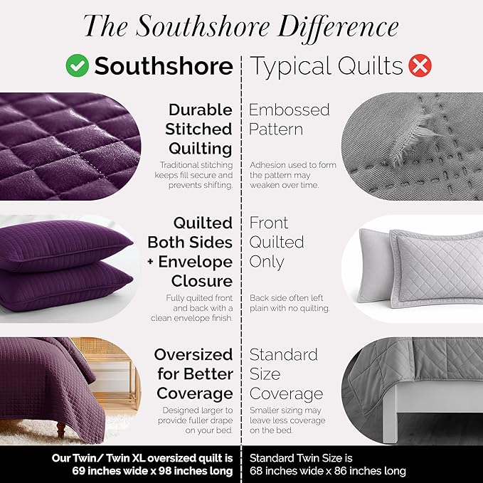 Southshore Fine Living, Inc. Twin XL Comforter Quilt Set, Dorm Bedding Essentials, Stain Resistant, Machine Washable Purple Bed Spread, Twin XL Quilt Bedspread Set with Matching Pillow Sham, Purple
