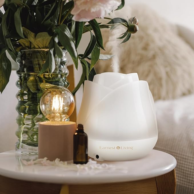 Earnest Living Rose Essential Oil Diffuser 150ml – Mini Ultrasonic Aromatherapy Humidifier for Bedroom & Desk, Quiet Mist, USB Powered, 7-Color Night Light, for Women – Solid White