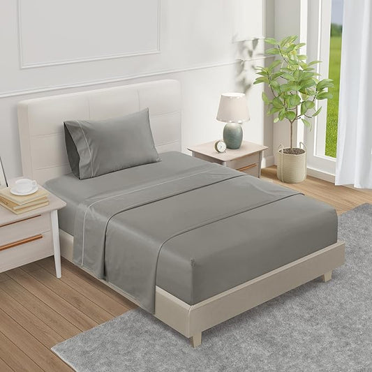 800TC 100% Egyptian Cotton Twin Size Sheets Set, Twin Bed Sheets Luxury Hotel Collection Fully Elasticated Sheet & Pillowcase Sets, Machine Washable No Pill Fade Resistant Silver Sheet