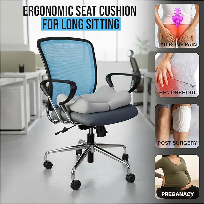 Memory Foam Bed Sore Cushion with T-Shaped Cutout – Pressure Relief Pillow for Tailbone, Coccyx & Butt | Dual-Piece Design with Massage Tool & Washable Cover for Sitting or Lying (Grey)