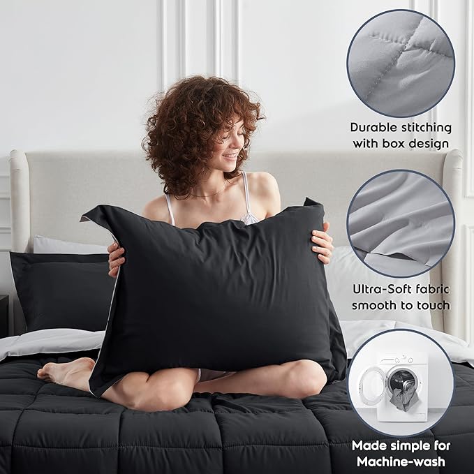 Nestl 9 Piece Queen Comforter Set – Black Reversible Bed in a Bag – Complete Queen Size Bedding Set with Sheets, Set of 2 Cooling Pillows, Pillowcases and Shams